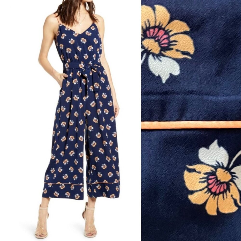 Leith Navy Floral Wide-Leg Jumpsuit With Adjustable Straps & Tie Waist